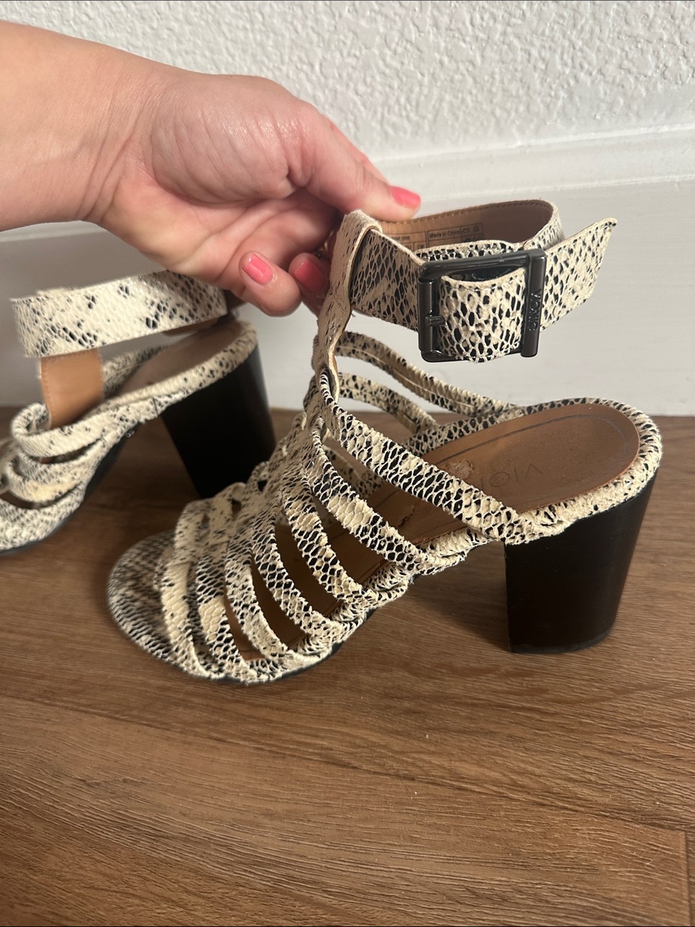 Vionic Ivory Snake-Print Strappy Block Heel Sandals with Black Heel